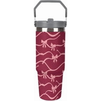 30 Oz Insulated Tumblers with Flip Straw Lid Top Handle Striped Bows Pink Leakproof Reusable Vacuum Stainless Steel Travel Coffee Mug for Car