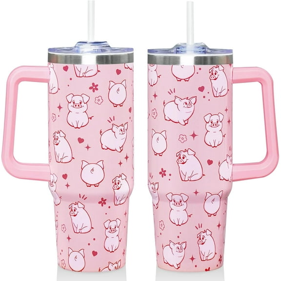 30 Oz Pink Pig Tumbler with Handle and Straw, Insulated Stainless Steel Coffee Travel Cup Mug Water Bottle, Cute Pig Gifts for Women Men Adults on Christmas Birthday