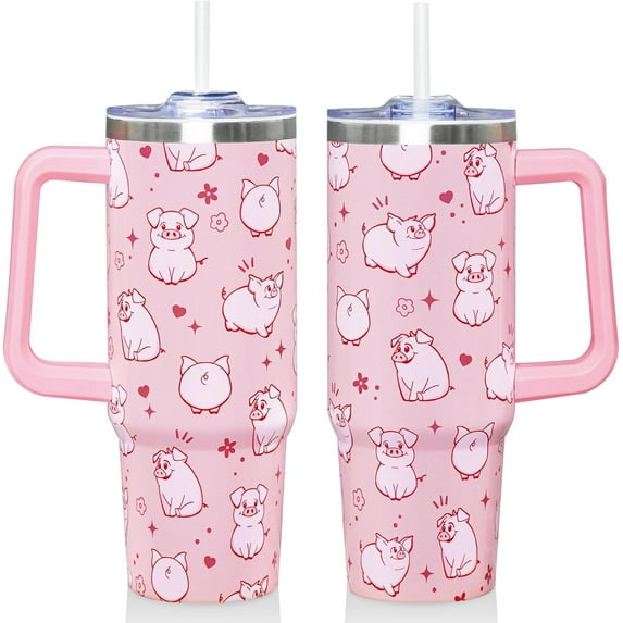30 Oz Pink Pig Tumbler with Handle and Straw, Insulated Stainless Steel Coffee Travel Cup Mug Water Bottle, Cute Pig Gifts for Women Men Adults on Christmas Birthday