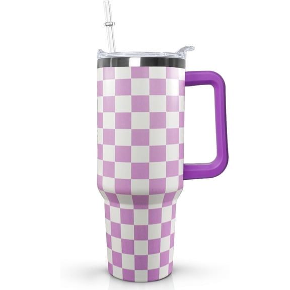 30 Oz Purple Checkered Tumbler with Handle Lid and Straw, Purple Checkered Tumbler Water Bottle Travel Coffee Cup Mug,Checkered Gifts for Women
