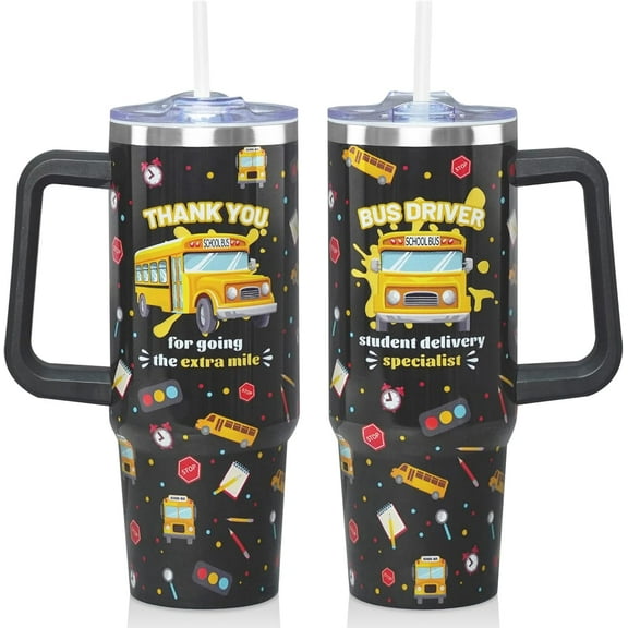 30oz School Bus Driver Tumbler with Handle & Straw | Insulated Stainless Steel Travel Mug for Coffee & Drinks | Best Appreciation Gift for Men and Women
