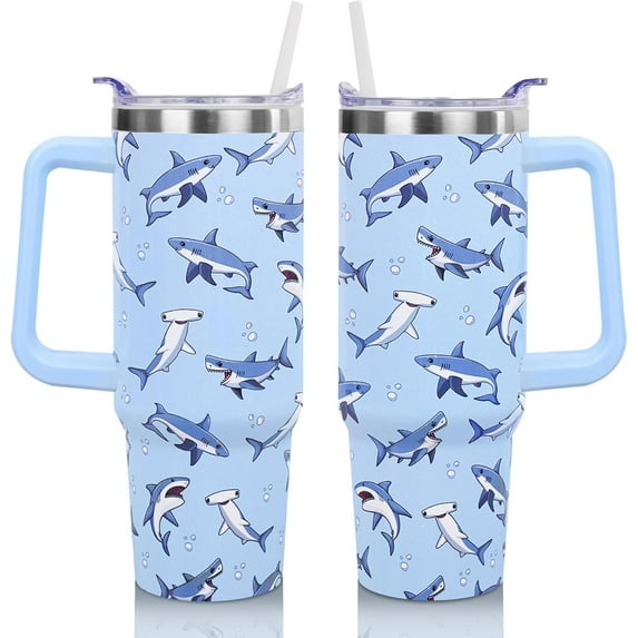 30 Oz Shark Tumbler with Handle and Straw Blue Shark Coffee Travel Cup Mug Water Bottle Drinking Glass, Mother''s Day Birthday Gifts for Mom, Christmas Birthday Gifts for Women Girls