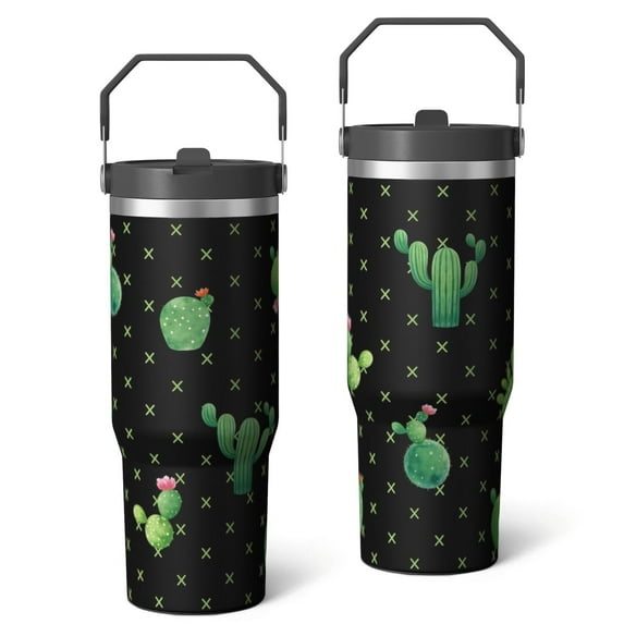 30 Oz Tumbler Cactus Black Green Tumbler with Lid and Straw, Birthday Gift Cup for Friend Women Men Coffee Travel Mug Thanksgiving Day Halloween Christmas Gift Water Bottle