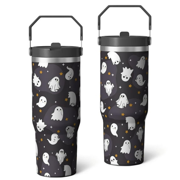 30 Oz Tumbler Cartoon Black and White Ghost Tumbler with Lid and Straw, Birthday Gift Cup for Friend Women Men Coffee Travel Mug Thanksgiving Day Halloween Christmas Gift Water Bottle