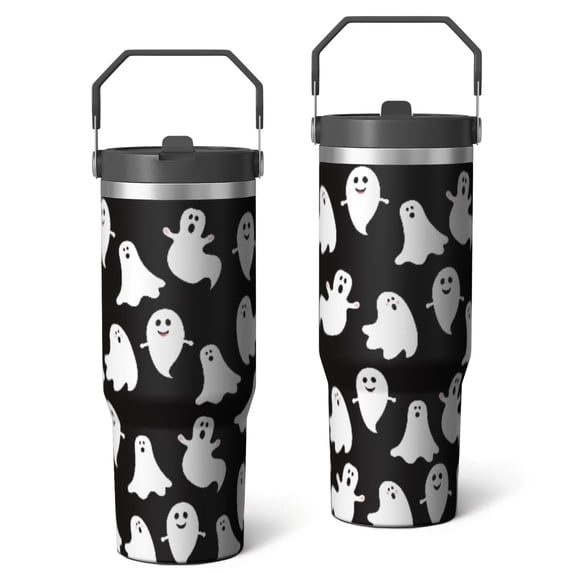 30 Oz Tumbler Cute Black and White Ghost Tumbler with Lid and Straw, Birthday Gift Cup for Friend Women Men Coffee Travel Mug Thanksgiving Day Halloween Christmas Gift Water Bottle