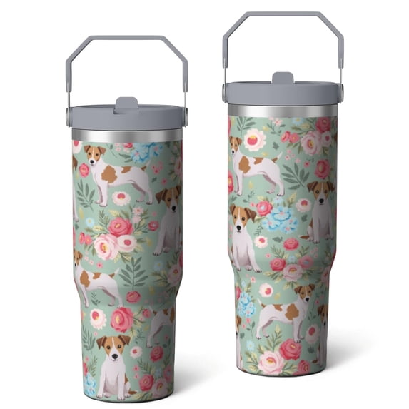30 Oz Tumbler Green Flowers Yellow White Dogs Tumbler with Lid and Straw, Birthday Gift Cup for Friend Women Men Coffee Travel Mug Thanksgiving Day Halloween Christmas Gift Water Bottle