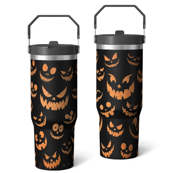 30 Oz Tumbler Halloween Emoji Orange Sequins Tumbler with Lid and Straw, Birthday Gift Cup for Friend Women Men Coffee Travel Mug Thanksgiving Day Halloween Christmas Gift Water Bottle