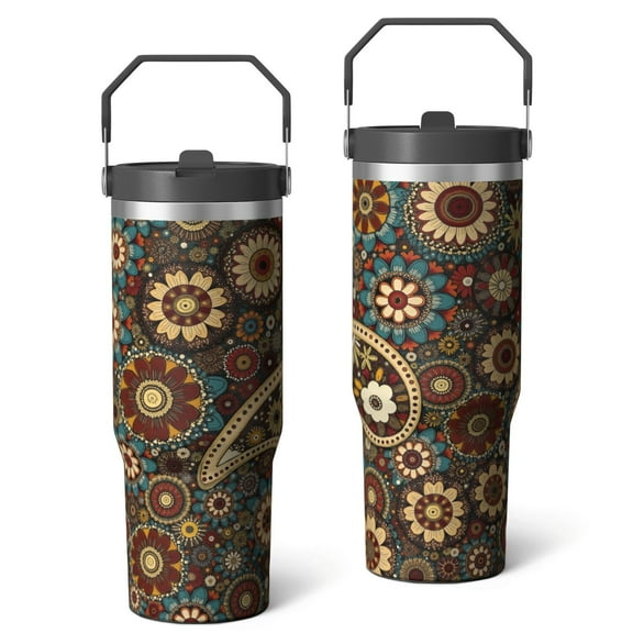 30 Oz Tumbler with Handle, Leak Resistant Insulated Travel Cups Paisley Design Travel Coffee Mug Western Travel Accessories Home Decor Gifts for Hot and Cold Drinks