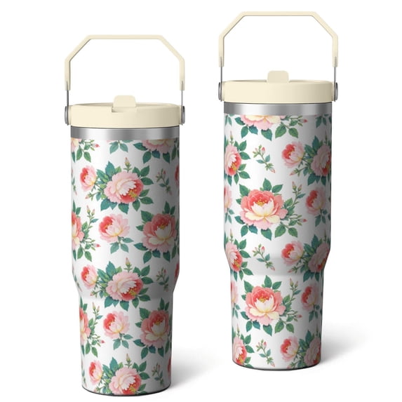 30 Oz Tumbler Pink Flat Flowers Tumbler with Lid and Straw, Birthday Gift Cup for Friend Women Men Coffee Travel Mug Thanksgiving Day Halloween Christmas Gift Water Bottle