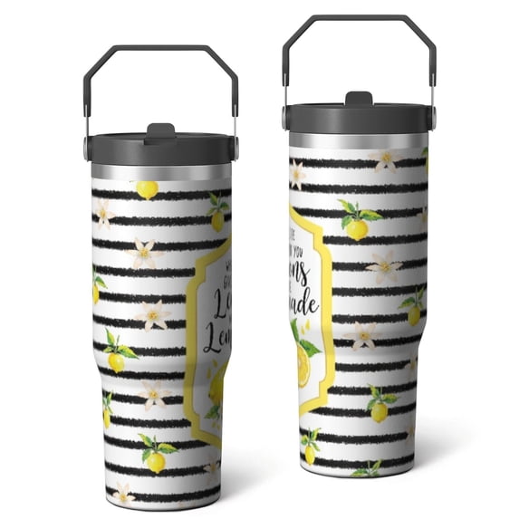 30 Oz Tumbler Striped Lemon Tumbler with Lid and Straw, Birthday Gift Cup for Friend Women Men Coffee Travel Mug Thanksgiving Day Halloween Christmas Gift Water Bottle