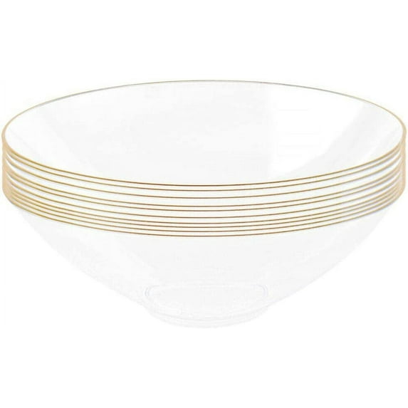 (30 PACK) EcoQuality 16 oz Clear Plastic Round Bowls with Gold Rim - Disposable Plastic Soup Bowls, Heavy Duty Plastic Salad Bowls, Dessert Bowl for Baby Showers, Weddings, Birthday Party