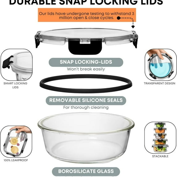 30 PC Glass Food Storage Containers with Lids - Reusable Glass Meal Prep Containers for Lunch and Leftovers - Airtight & Leakproof Snap Locking Lids - Oven, Freezer, Microwave, Dishwasher Safe