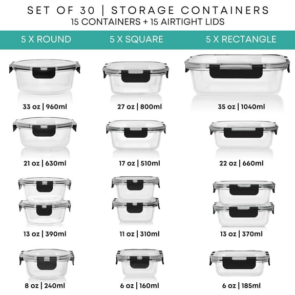 30 PC Glass Food Storage Containers with Lids