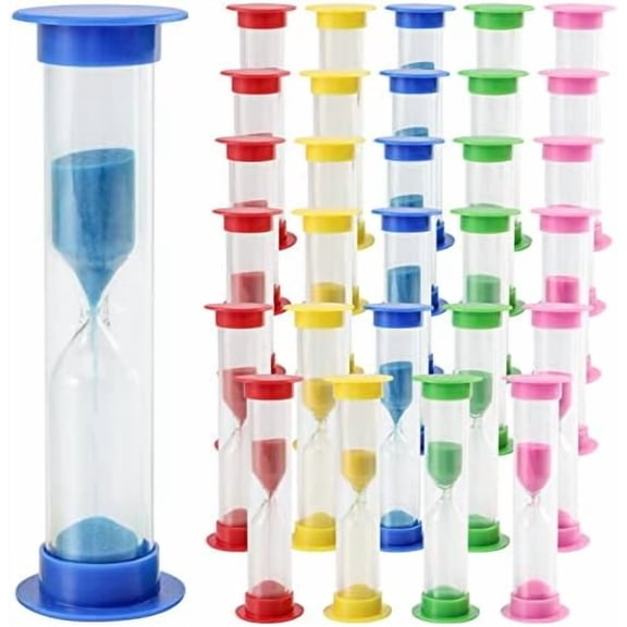 30 PCS 3.4 Inch Colorful 1 Minute Sandglass Timer, 5 Colors Plastic Hourglass, Mini Sand Clock, Time Management Game, Countdown Toy - Yellow, Red, Blue, Green, Pink