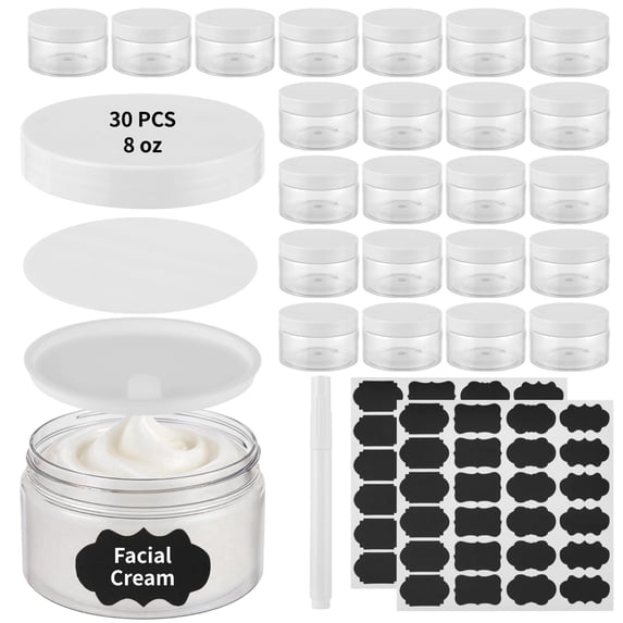 30 PCS 8 oz Plastic Lotion Containers with Lids, Refillable Clear Cosmetic Jar with Leakproof Gasket & Inner Pull Tab, Empty Round Sample Container for Cream Lotion Body Butter Makeup Travel Storage