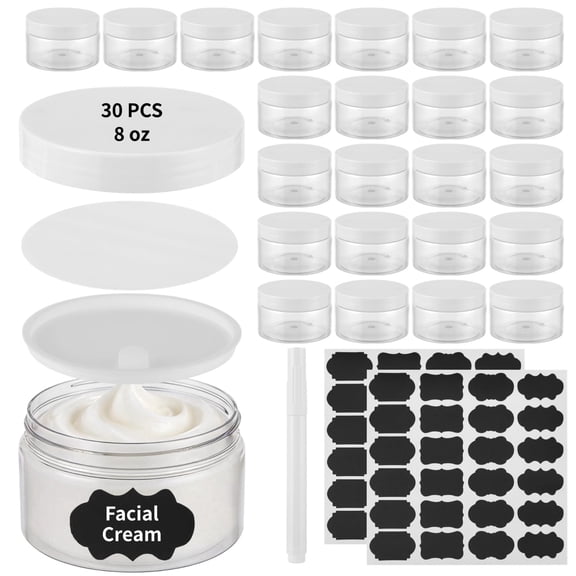 30 PCS 8 oz Plastic Lotion Containers with Lids, Refillable Clear Cosmetic Jar with Leakproof Gasket & Inner Pull Tab, Empty Round Sample Container for Cream Lotion Body Butter Makeup Travel Storage