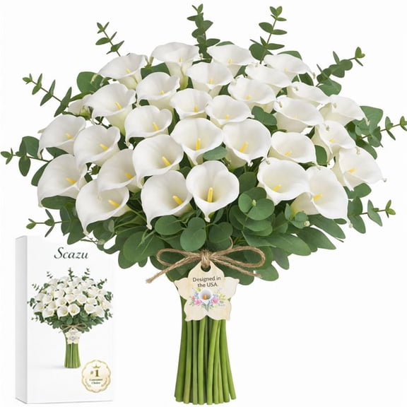 30 PCS Artificial Calla Lily Flowers Bouquet with 10 PCS Artificial Green Leaves, Real Touch Colorfast for DIY Wedding Party Home Cake Gift Decor