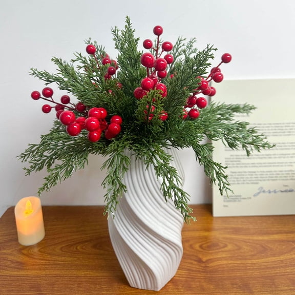 30 PCS Artificial Pine Branches Christmas Decorations Faux Pine Greenery Stems Red Holly Berries Fake Cedar Pine Needles Picks for Christmas Tree Wreath Garland DIY Crafts Holiday Decoration