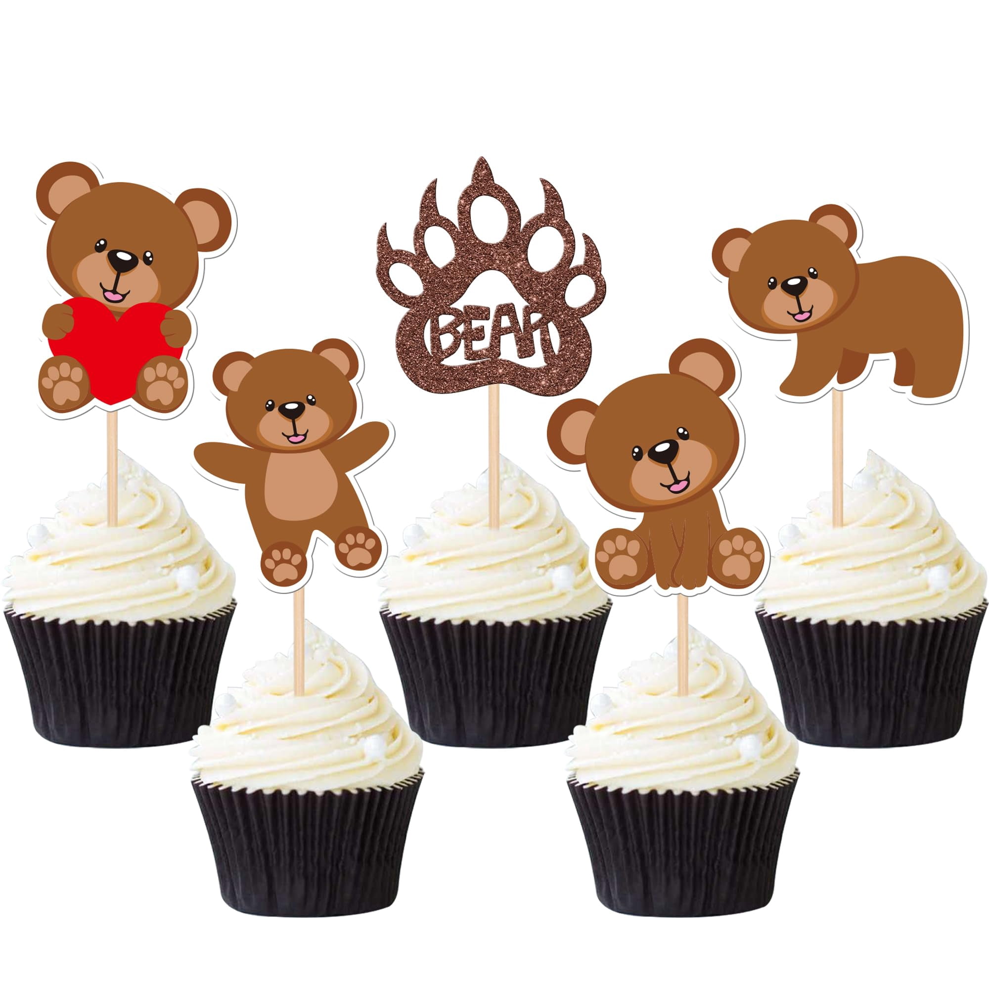 24Pcs Bear Head Cupcake Toppers - Baby Shower Birthday Cake Decorations, Animal Theme Party