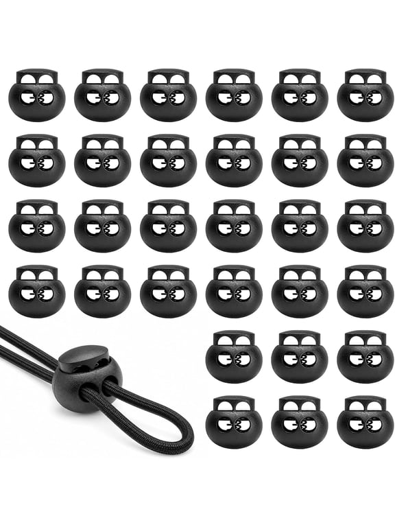 30 PCS Black Plastic Spring Cord Lock Toggle, Double Hole Drawstring Cord Lock Stopper Fastener Slider for Paracord, Shoelace Lock, Elastic Rope, Lanyard, Hoodies and Bags