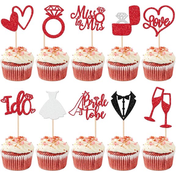 30 PCS Bride to Be Cupcake Toppers Glitter Miss to Mrs I Do Love Heart Ring Cupcake Picks Wedding Bridal Shower Cake Decorations for Wedding Engagement Bachelorette Party Supplies Red