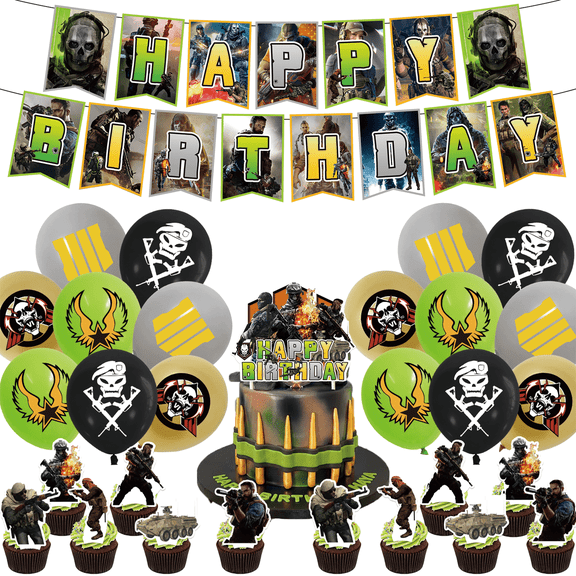 30 PCS For Call of Duty Games Themed Birthday Party Decorations Set  Includes Banner, Cake Topper, 16 Balloons, 12 Cupcake Toppers and Party Supplies