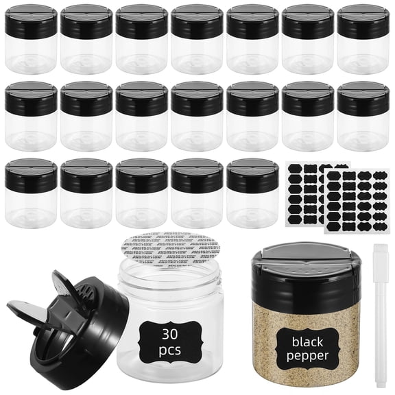 30 PCS Clear Plastic Spice Jars with Dual Flip Lids, 4 oz Clear Seasoning Jars Pour or Shake, Small Spice Organizer Box with Labels and Marker, Clear Storage Containers for Kitchen and Craft Storage