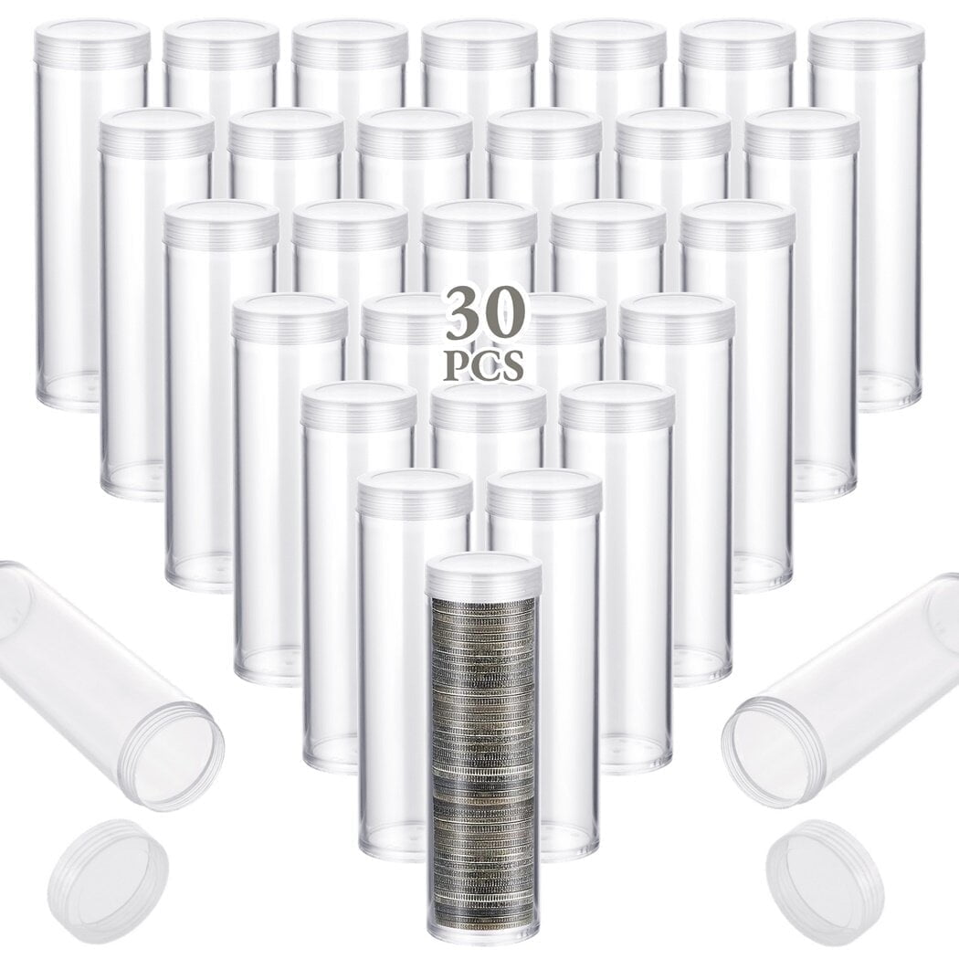 30 PCS Coin Storage Tubes, Quarter Tubes Clear Coin Tube, Plastic Coin Holders Coin Container with Screw Lids, Containers for Coins Collection Supplies