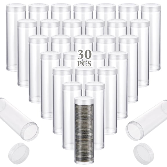 30 PCS Coin Storage Tubes, Quarter Tubes Clear Coin Tube, Plastic Coin Holders Coin Container with Screw Lids, Containers for Coins Collection Supplies