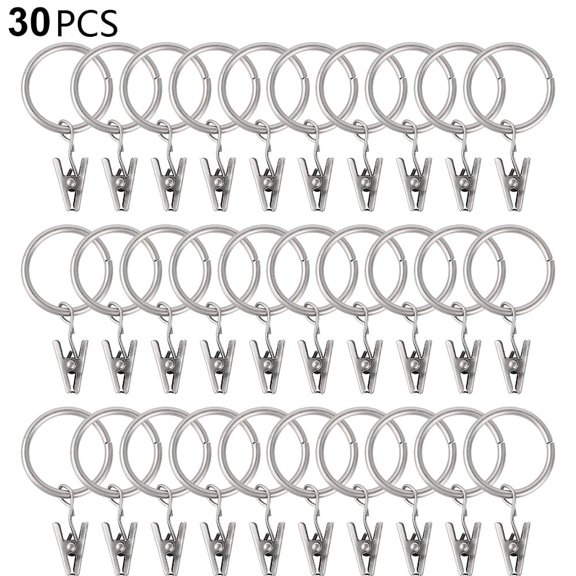 30 PCS Curtain Rings with Clips, Strong Drapery Clips Hooks on Tension Rod Bracket, Interior Diameter Metal Eyelets Decorative Drapes Window Hangers
