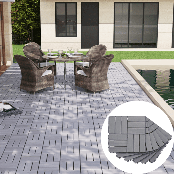 30 PCS Easy Snap Lock Modern Checkerboard Interlocking Deck Tiles, 12x12 Light Gray Acacia Wood Plastic Composite Outdoor Flooring for Patio Balcony Poolside Garden Porch Rooftop RV DIY Backyard