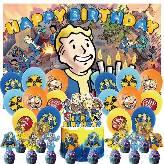30 PCS For Fallout Cartoon-Themed Party Decorations and Favors Set Backdrop, 16 Balloons, and 13 Cupcake Toppers for Celebration Birthday Parties Supplies