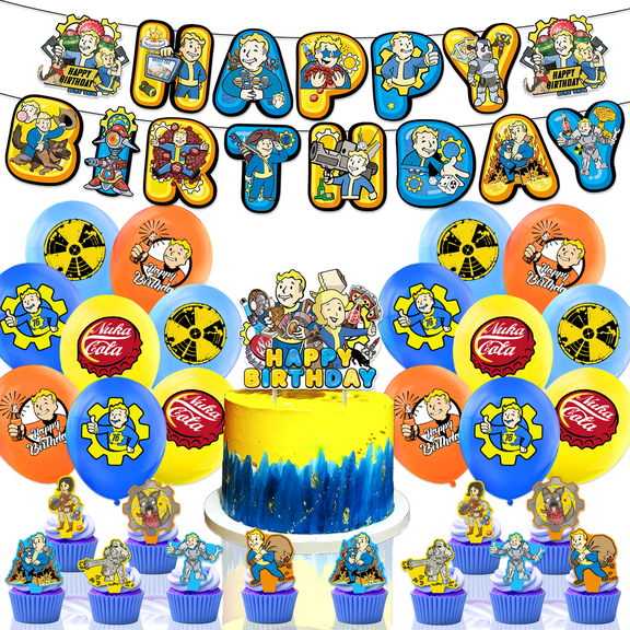 30 PCS For Fallout Cartoon Themed Party Decorations and Favors Set Banner, 16 Balloons and 13 Cupcake Toppers for Celebration Birthday Parties Supplies