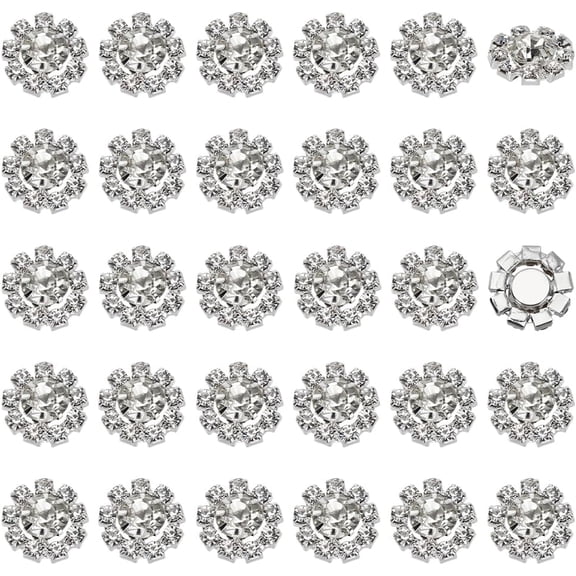 30 PCS Flat Back Glass Rhinestone Buttons 15mm in Diameter Reusable Decorative Flower Buttons for Sewing Silver Alloy Embellishment for DIY Crafts Clothes Dress Hats Decoration