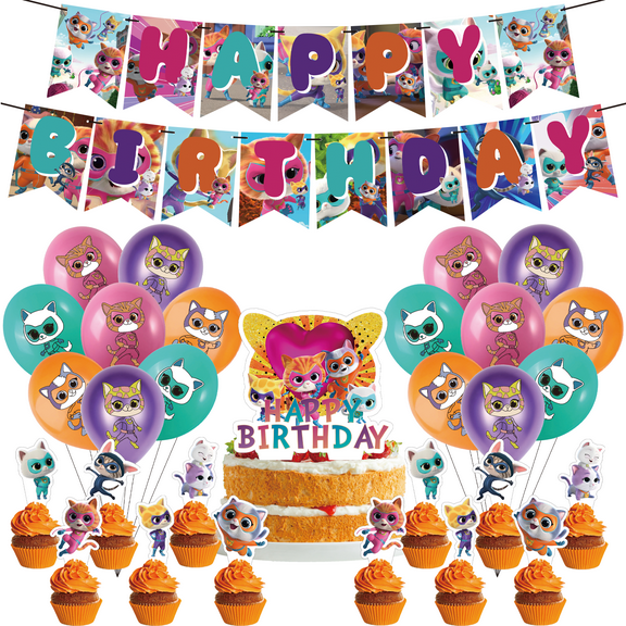 30 PCS For Super Kitties Birthday Party Decorations,With 1 Happy Birthday Banner Garland,13 Cupcake Toppers,16 Balloons,All in One Party Supply Set