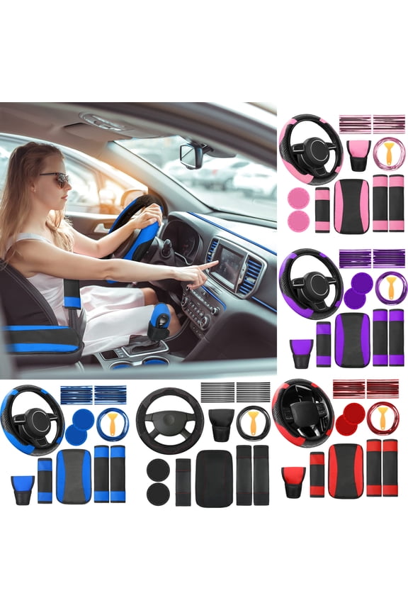 30 PCS Full Set Car Steering Wheel Cover, Universal Vehicle Interior Decoration Kit with Armrest Box Mat and Shoulder Shield Pads, Conditioning Vent Outlet Trim Strips Styling