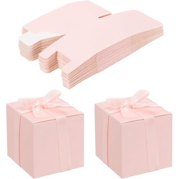 30 PCS Gift Boxes Foldable Paper Box Tutuviw 2 x 2 x 2 inch Small Gift Packaging Boxes with Ribbon Party Treat Boxes for Cupcake Candy Cookie Proposal Wedding DIY Gifts (Pink)