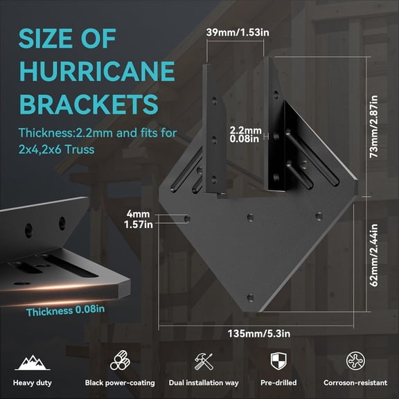 30 PCS Heavy Duty Black Hurricane Ties for Rafters, 13 Gauge Roofing Hurricane Straps Thickness 2.2mm Fit 2x4, 2x6, Hurricane Clips for Roofing Trusses Wood Timber, Roof , Seismic Joist Hangers