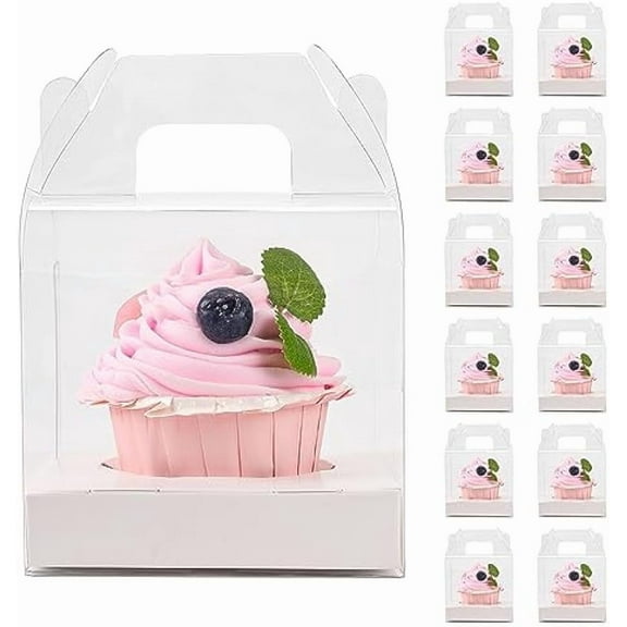 30 PCS Individual Cupcake Containers Single Cupcake Boxes with Handle and Inserts Clear Plastic Favor Boxes
