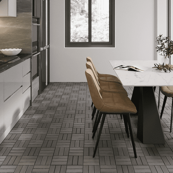 30 PCS Interlocking Deck Tiles 12x12 Inch Acacia Hardwood Outdoor Flooring Checker Pattern Light Gray for Patio Balcony Pool Side