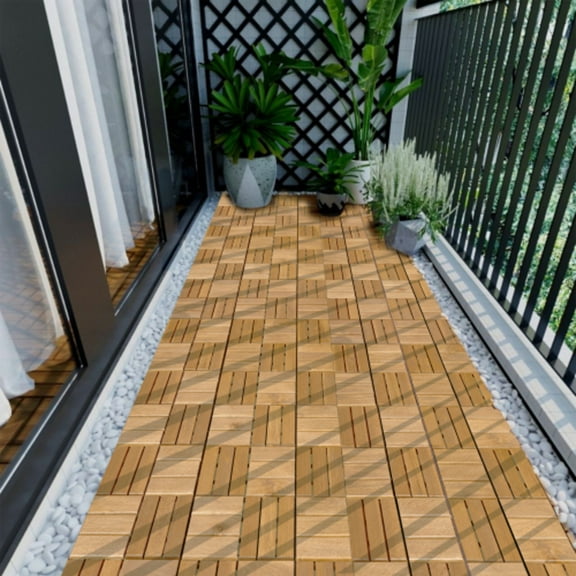 30 PCS Interlocking Deck Tiles Checker Pattern 12 X 12" Square Yellow Acacia Hardwood Outdoor Flooring For Patio Bancony Pool Side
