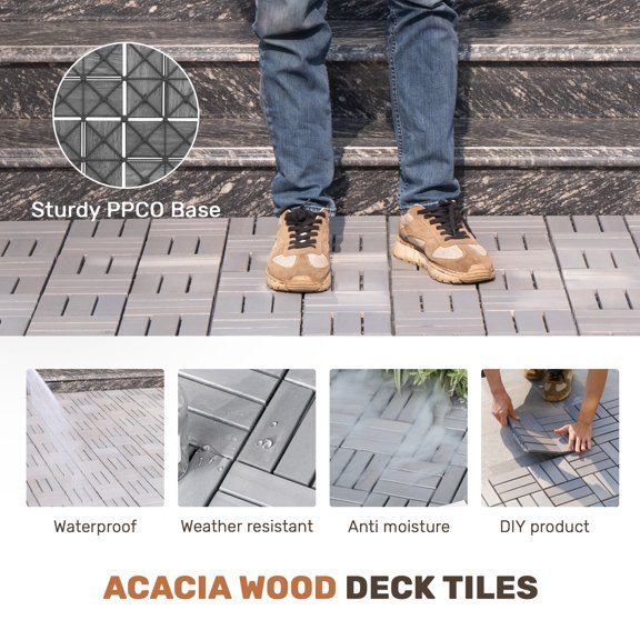 30 PCS Interlocking Deck Tiles Checker Pattern, 12x12 Square Light Gray Hardwood Outdoor Flooring for Patio, Balcony, Pool Side, Easy DIY Installation