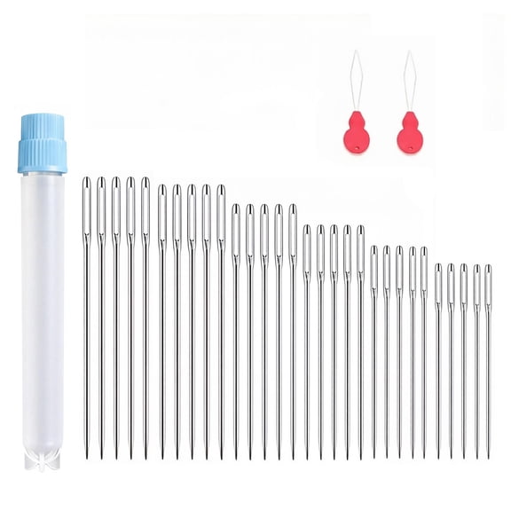 30 PCS Large Eye Sewing Needles for Hand Sewing with Needle Threaders, Big Eye Embroidery Sharp Needles, Stainless Steel Assorted Sizes