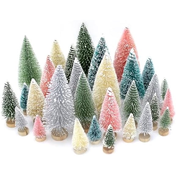 30 PCS Mini Bottle Brush Christmas Trees with Wood Base, Small Pine Tree Sisal Trees for Christmas Table Top Decor Winter Crafts Ornaments