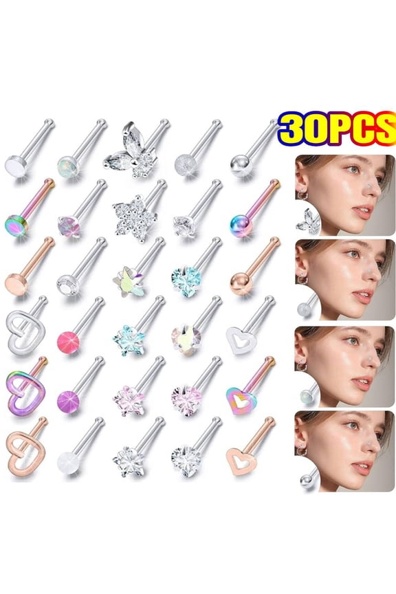 30 PCS Nose Rings Studs, Surgical Steel Nose Stud Glow Dark Heart Opal CZ Flower Nose Piercing Jewelry 20G 18G Nose Rings for Women, Straight Nose Rings Hypoallergenic Nose Piercing Kit