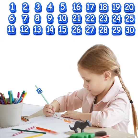 30 PCS Number Silicone Pencil Toppers 1-30, Reusable Classroom Pencil Labels for Teachers, Pencil Tracking Markers for Student Number System, Class Supply Station and Classroom Organization (Blue)