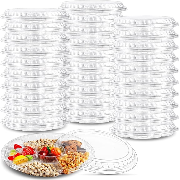 30 PCS Plastic Appetizer Trays with Lids, Disposable Serving Tray with 6 Compartment, 12.3 Inch Clear Round Food Container Platter, Heavy Duty Serving Trays for Salad Veggie Fruit Snack