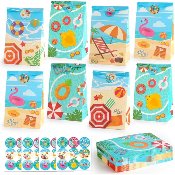 30 PCS Pool Party Favor Bags with 36 Stickers, Summer Gift Bags Pool Party Decorations Supplies for Kids, Mermaid Goodie Bags Beach Gifts for Birthday, Baby Showers, Wedding