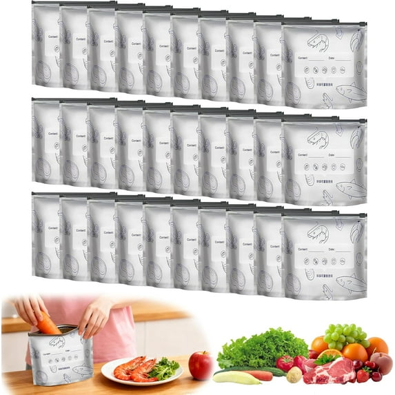 30 PCS Quart Bags, Reusable Aluminum Foil Sealable Storage Bags, Stand Up Foil Sealable Bags With Label And Zip Lock For Kitchen Storage