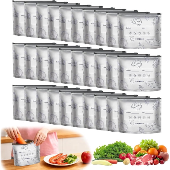 30 PCS Quart Bags, Reusable Aluminum Foil Sealable Storage Bags, Stand Up Foil Sealable Bags With Label And Zip Lock For Kitchen Storage